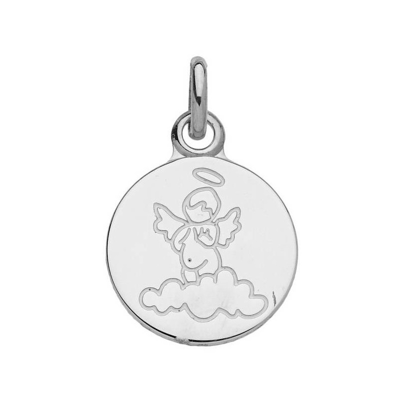 Médaille Ange Sur Petit Nuage Emaille Blanc Sur Or Jaune