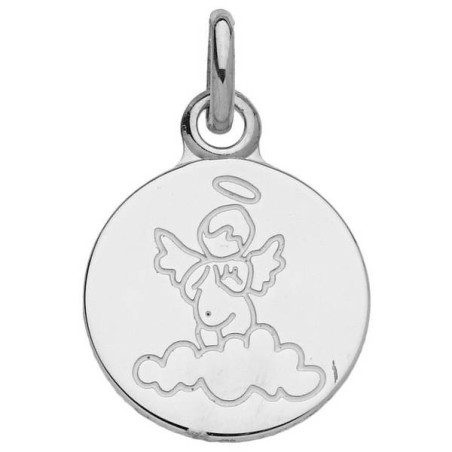 Médaille Ange Sur Petit Nuage Emaille Blanc Sur Or Jaune