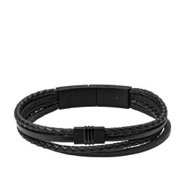 Fossil - Bracelet multi rangs cuir noir lanières et tressé - Réf JF03098001