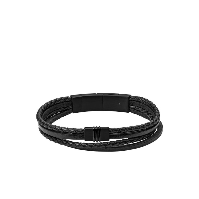 Fossil - Bracelet multi rangs cuir noir lanières et tressé - Réf JF03098001