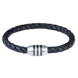 Phebus - Bracelet cuir tressé noir et acier - Réf 35-0841