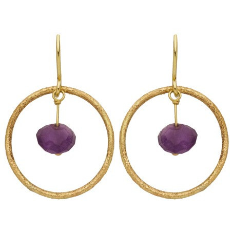Pendants D'Oreilles Cercle Or Jaune Et Pampille Amethyste