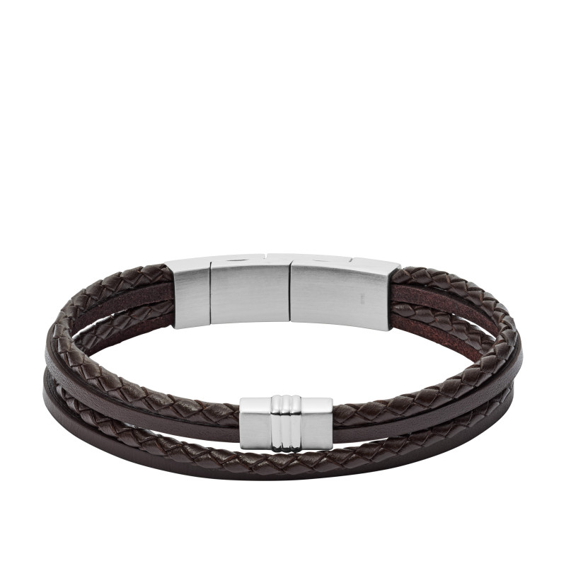 Fossil - Bracelet acier et cuir marron - Réf JF02934040