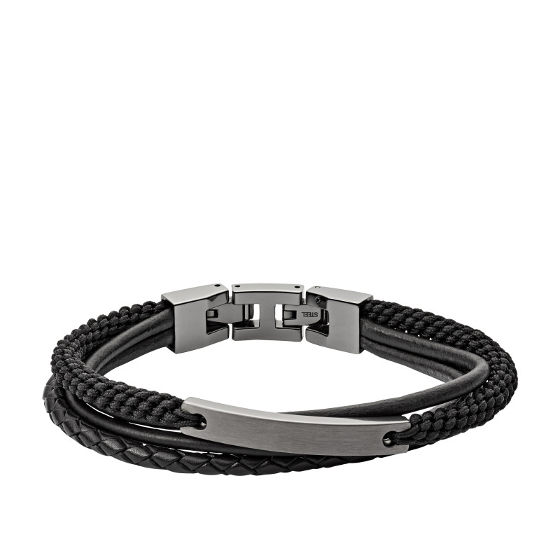 Fossil - Bracelet acier et cuir noir - Réf JF03185793