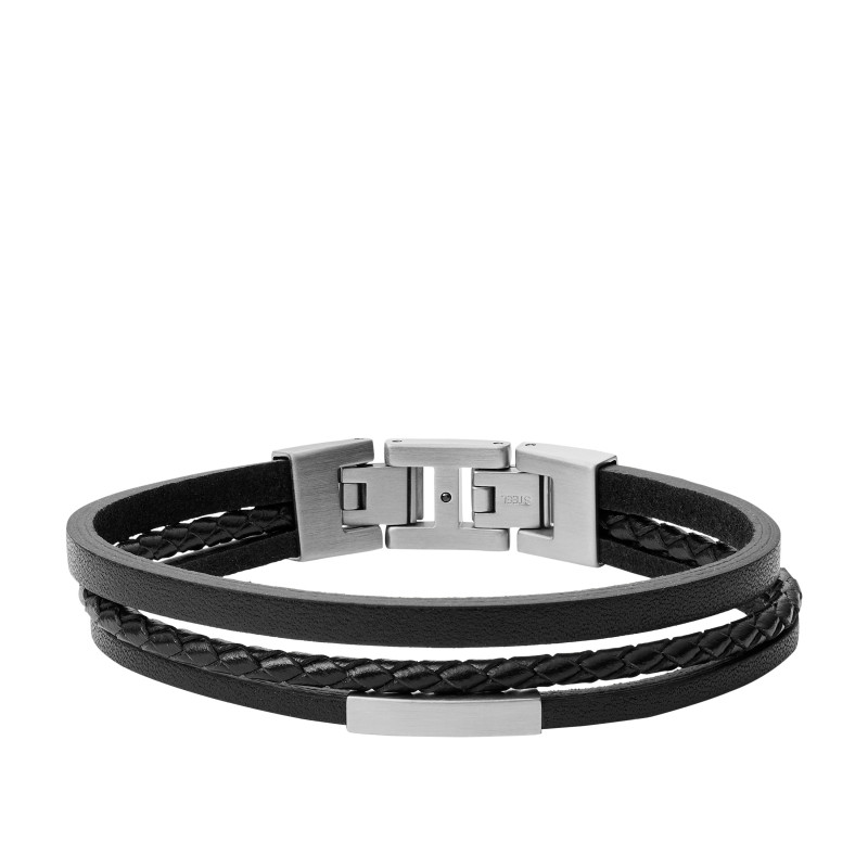 Fossil - Bracelet Vintage Casual multirang, acier et cuir noir - Réf JF03322040