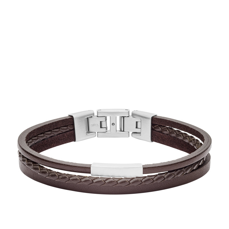 Fossil - Bracelet multirang, acier et cuir marron - Réf JF03323040