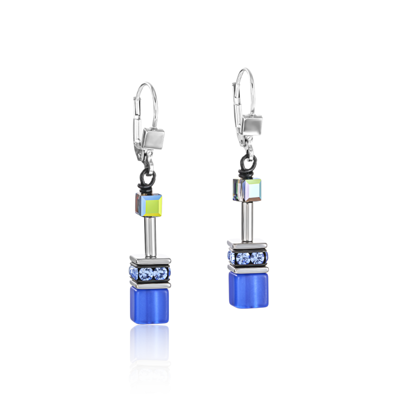 Coeur de Lion - Boucles d'oreilles GéoCube acier, cristaux bleus - Réf 4014/20-0712