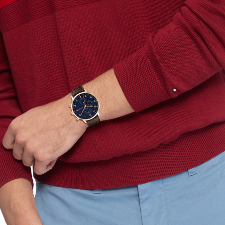 Tommy Hilfiger - Montre Leonard Homme - Boitier Acier Pvd Doré Rose - Bracelet Cuir Marron - Ref 1791987