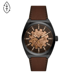 Fossil - Montre Automatique Everett Homme - Boitier Acier Pvd Noir - Bracelet Cuir Marron - Ref ME3207