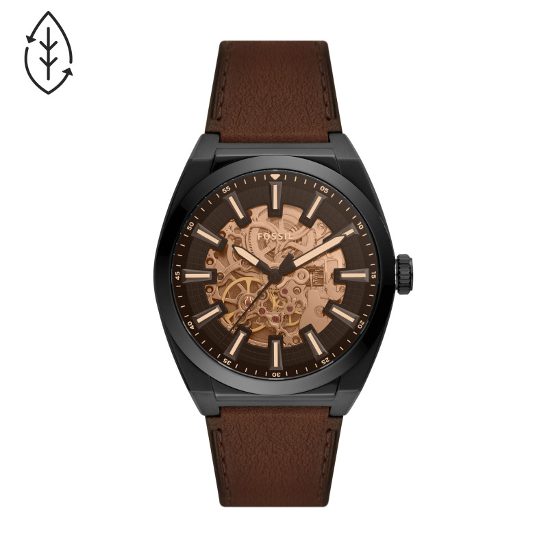 Fossil - Montre Automatique Everett Homme - Boitier Acier Pvd Noir - Bracelet Cuir Marron - Ref ME3207
