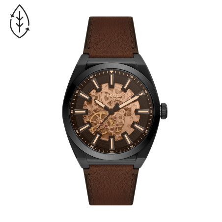 Fossil - Montre Automatique Everett Homme - Boitier Acier Pvd Noir - Bracelet Cuir Marron - Ref ME3207