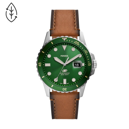 Montre Fossil Blue Homme - Boitier Métal Argenté - Bracelet Cuir Marron - Ref FS5946