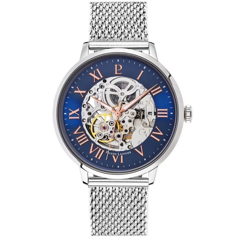 Pierre Lannier - Montre Automatique Homme - Boîtier Acier Argenté - Bracelet Cuir Marron - Ref 391C168