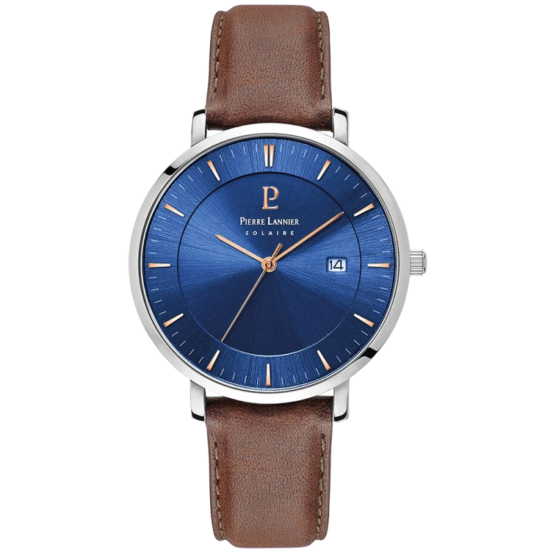 Pierre Lannier - Montre Inti Homme - Boitier Acier Argenté - Bracelet Cuir Marron - Ref 208H164