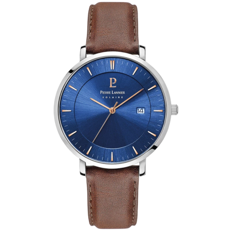 Pierre Lannier - Montre Inti Homme - Boitier Acier Argenté - Bracelet Cuir Marron - Ref 208H164