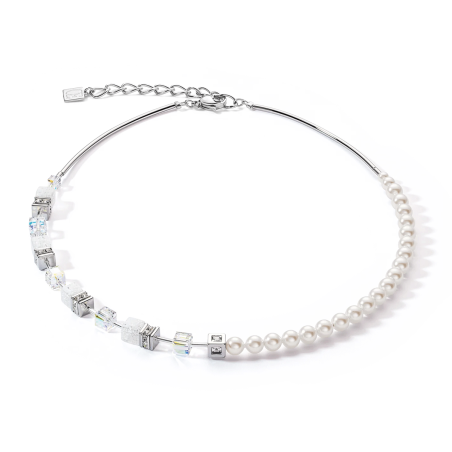 Coeur de Lion - Collier GéoCube acier, cristaux et perles d'eau douce - Réf 5086/10-1400