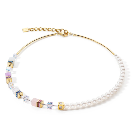 Coeur de Lion - Collier GéoCube acier, cristaux et perles d'eau douce - Réf 5086/10-1522