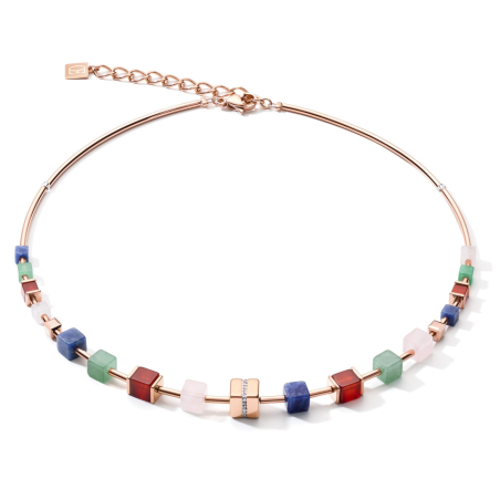 Coeur de Lion - Collier GéoCube acier doré rose et cristaux multicolores - Réf 5058/10-1561