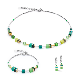 Coeur de Lion - Parure GéoCube acier doré et cristaux verts - Réf 2800/50-0500