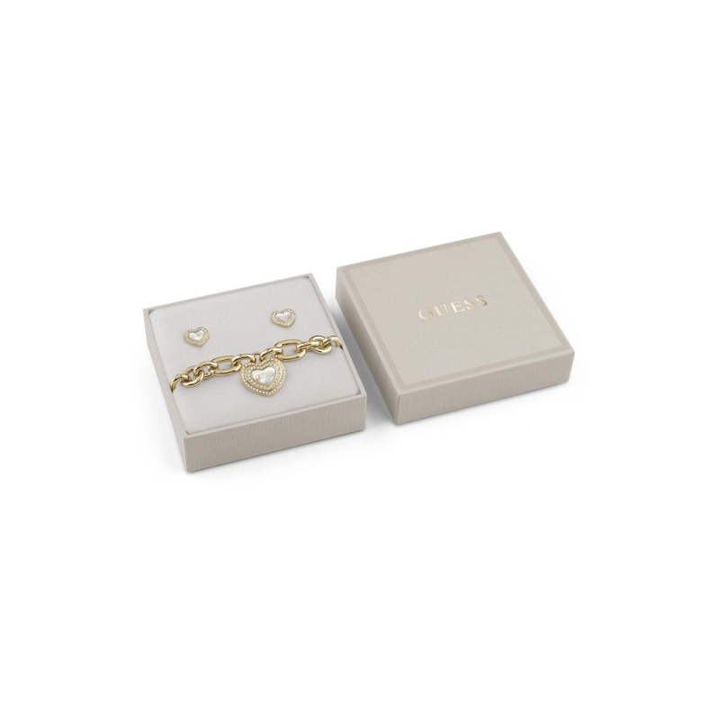 Guess - Coffret Amami acier doré bracelet grand modèle et boucles doreilles cur nacré pavé Ref JUBS04085JWYGWH