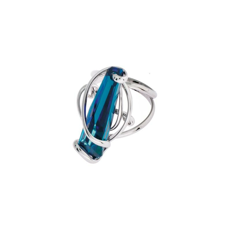 Marazzini - Bague ajustable, métal rhodié, cristal bleu bermude - Réf RHSSTBBRDW