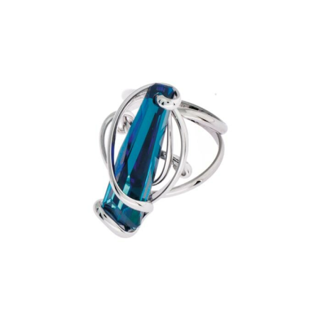 Marazzini - Bague ajustable, métal rhodié, cristal bleu bermude - Réf RHSSTBBRDW