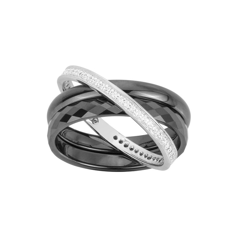 Phebus - Bague céramique noir et argent 925, oxyde de zirconium - T52 - Réf 1-12-0158-N