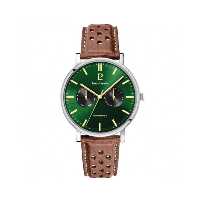 Pierre Lannier - Montre Homme Coffre  Essential verte cuir marron - ref 387D174