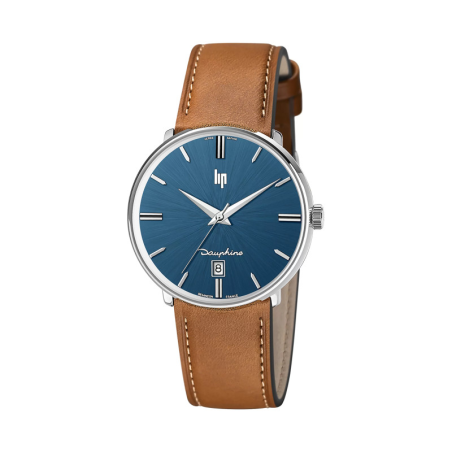 LIP - Montre Homme  Dauphine bleue bracelet cuir brun - ref 671429