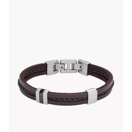 Fossil - Bracelet Leather Essentials acier argenté cuir marron Ref JF04133040