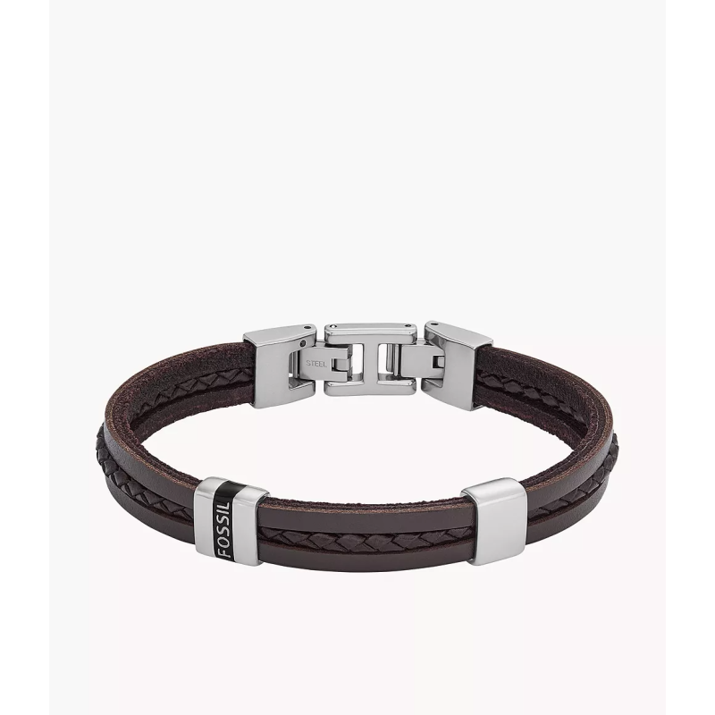 Fossil - Bracelet Leather Essentials acier argenté cuir marron Ref JF04133040