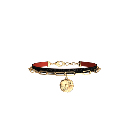 Les Cadettes - Bracelet multi-rangs Lotus Pampille cuir rouge et paillettes noires taille S Ref 704375719CG_195