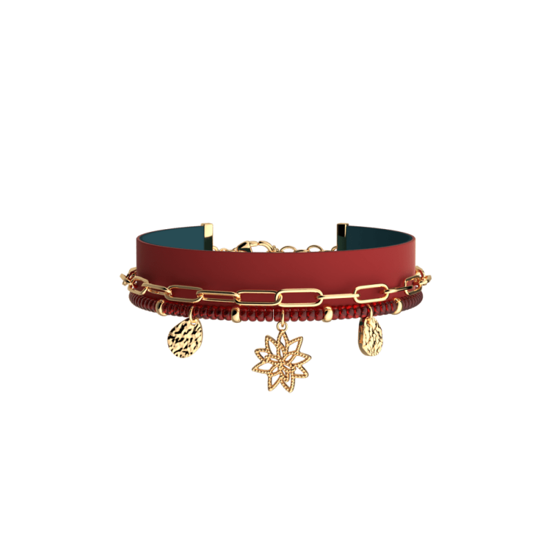 Les Cadettes - Bracelet multirangs Nénuphar cuir bleu pétrole et framboise Ref 704376419M7_200