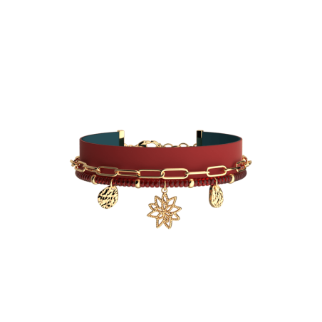 Les Cadettes - Bracelet multirangs Nénuphar cuir bleu pétrole et framboise Ref 704376419M7_200