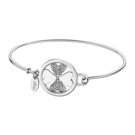 Lotus - Bracelet Millenial jonc acier argenté et oyxdes de zirconium trèfle à quatre feuilles Ref LS2014-2/1