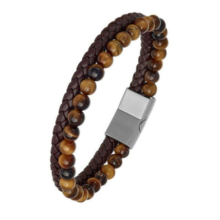 BIJOU COLLECTION - Bracelet Oeil de tigre cuir marron et acier gris  Ref 1021710
