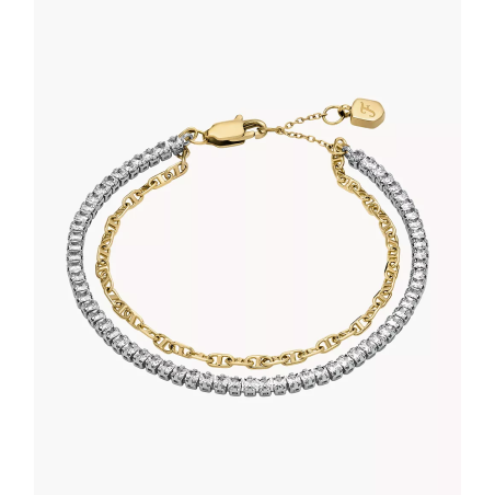 Fossil - Bracelet double rang tennis et chaîne acier doré - Ref JA7281998