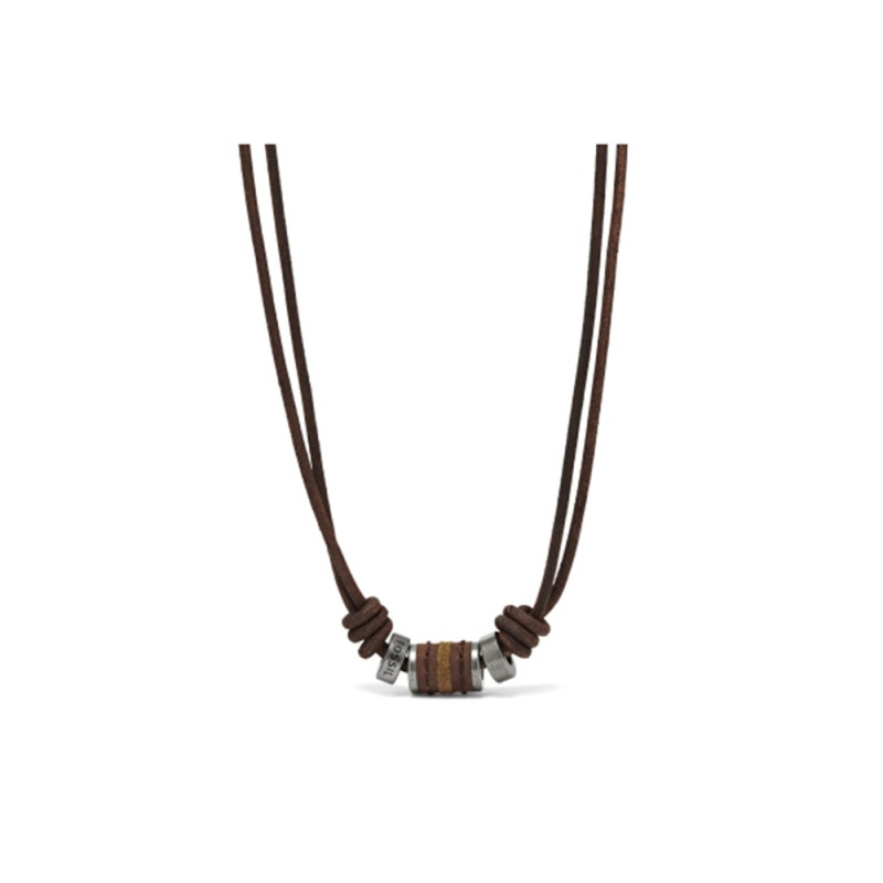 Fossil - Collier vintage casual cuir brun et acier - Réf JF00899797