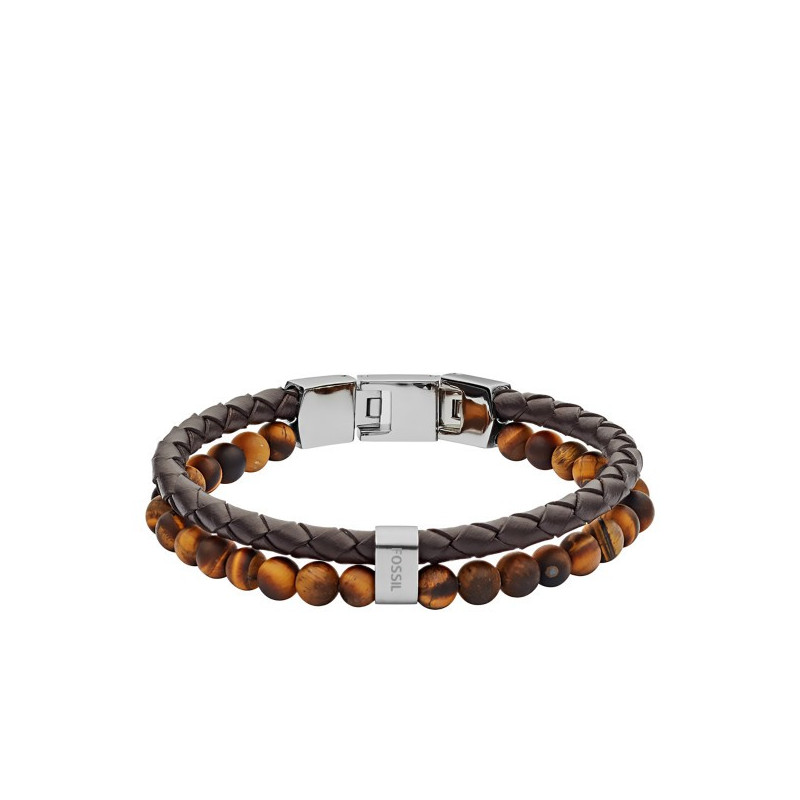 Fossil - Bracelet vintage casual, acier, cuir et perles oeil de tigre - Réf JF03118040