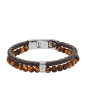 Fossil - Bracelet vintage casual, acier, cuir et perles oeil de tigre - Réf JF03118040