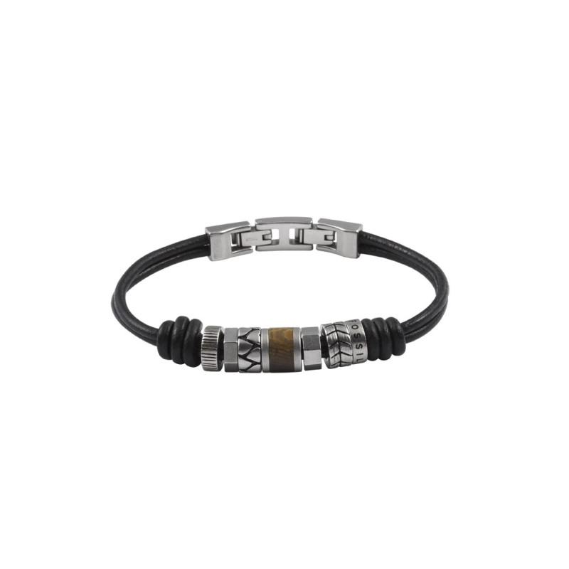 Fossil - Bracelet vintage casual, acier, cuir noir et perles - Réf JF84196040